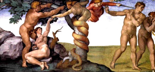 Pecado e expulsão do paraíso. Pintura da Capela Sistina em Roma – Michelangelo Miguel Ângelo Artemis Reproduction